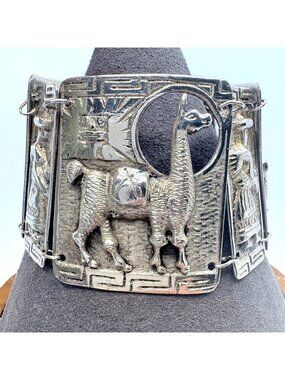 Aztec Llama & Sun Panel Bracelet Sterling Silver 925 Size 6.5" Length